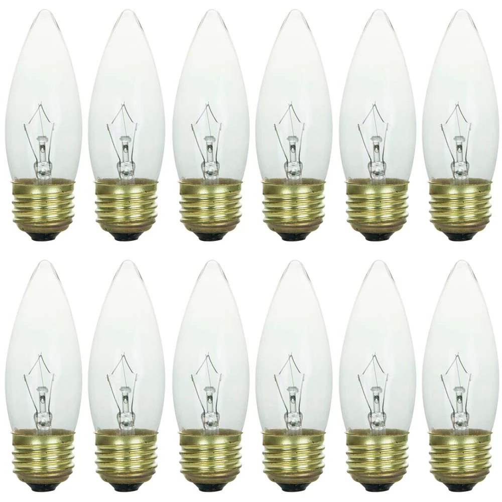 12Pk - Sunlite 25W Incandescent Torpedo Tip Chandelier 2600K E26 Base Clear Bulb