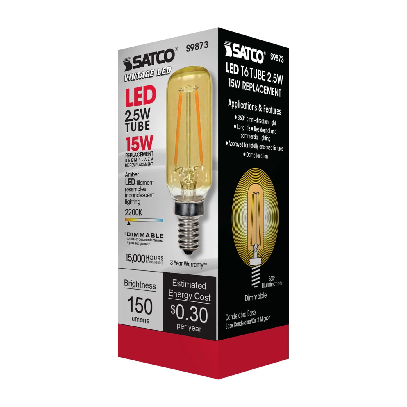 Satco 2.5w T6  E12 LED 120v 2000K 150 lumens Vintage style filament lamps - Image 4