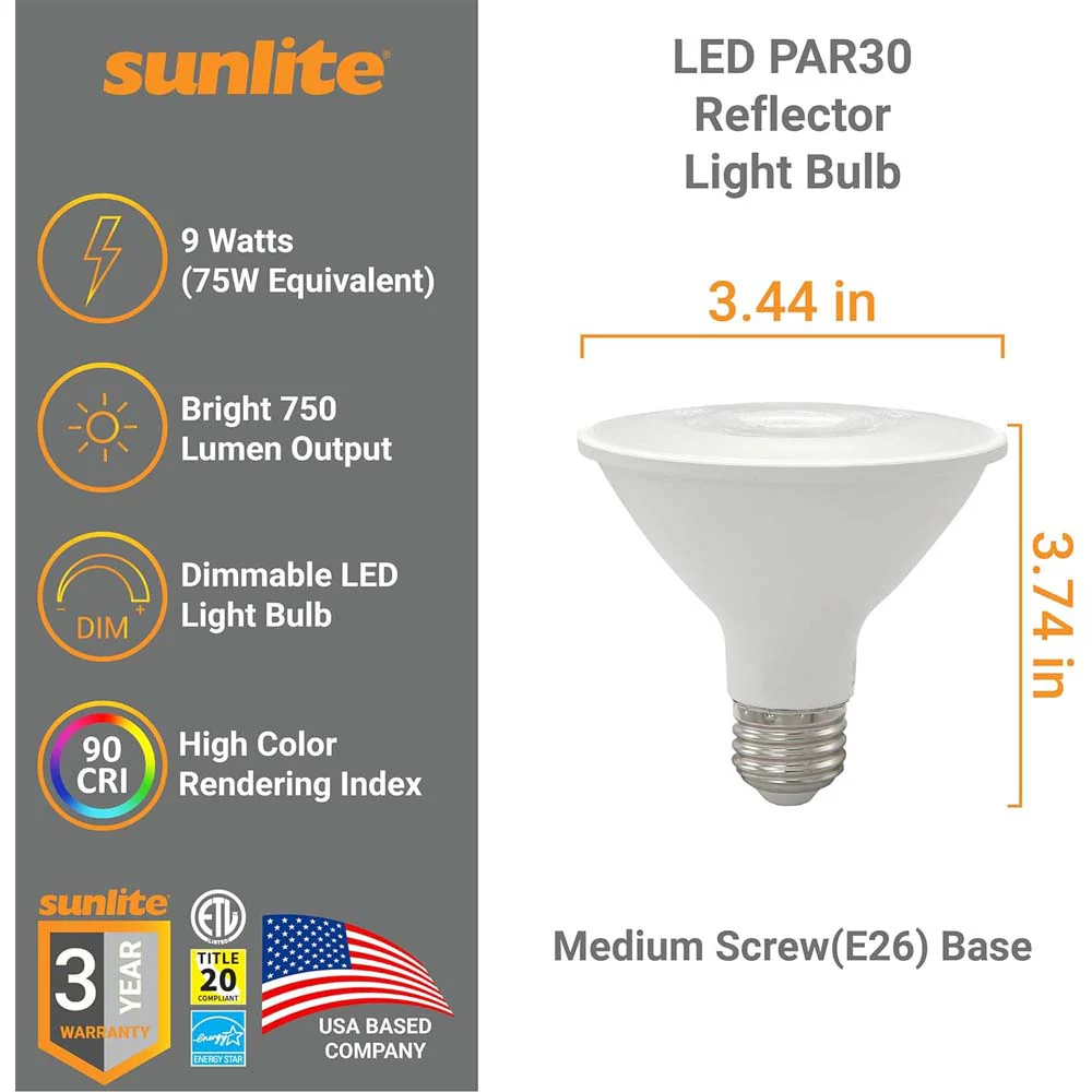 24Pk - Sunlite 9w LED PAR30 Reflector Floodlight 5000K Bulb - 75W Equiv - Image 2