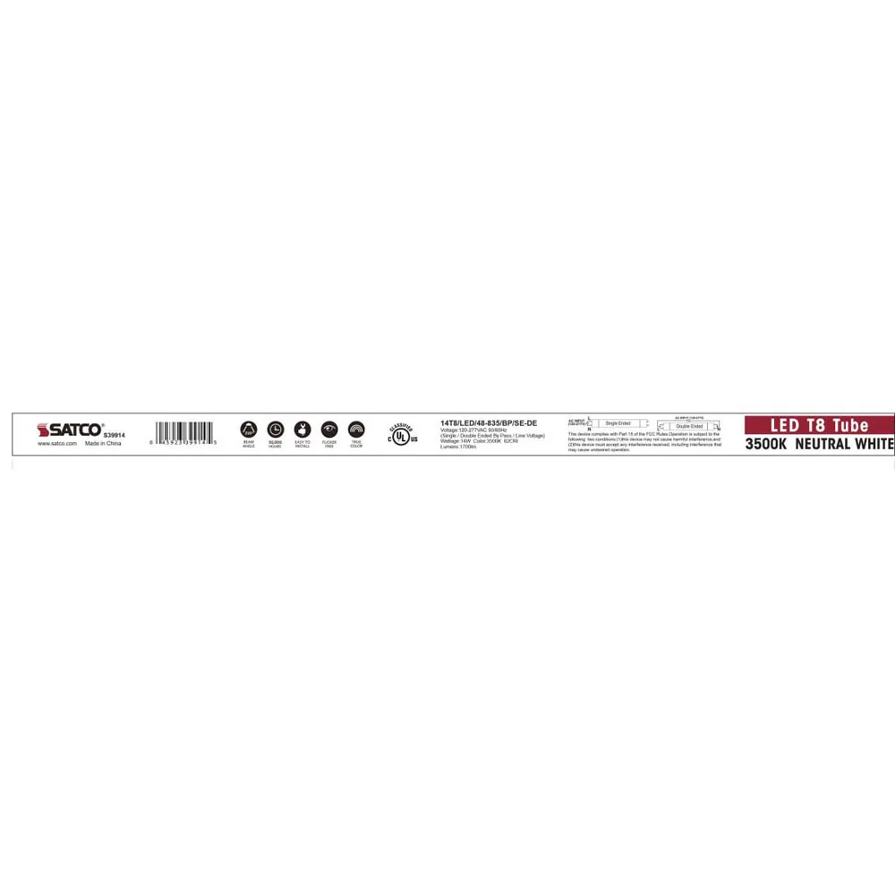 25Pk - Satco 14W 48-in T8 LED Tube 3500K 1700LM G13 Base Ballast Bypass - Image 6