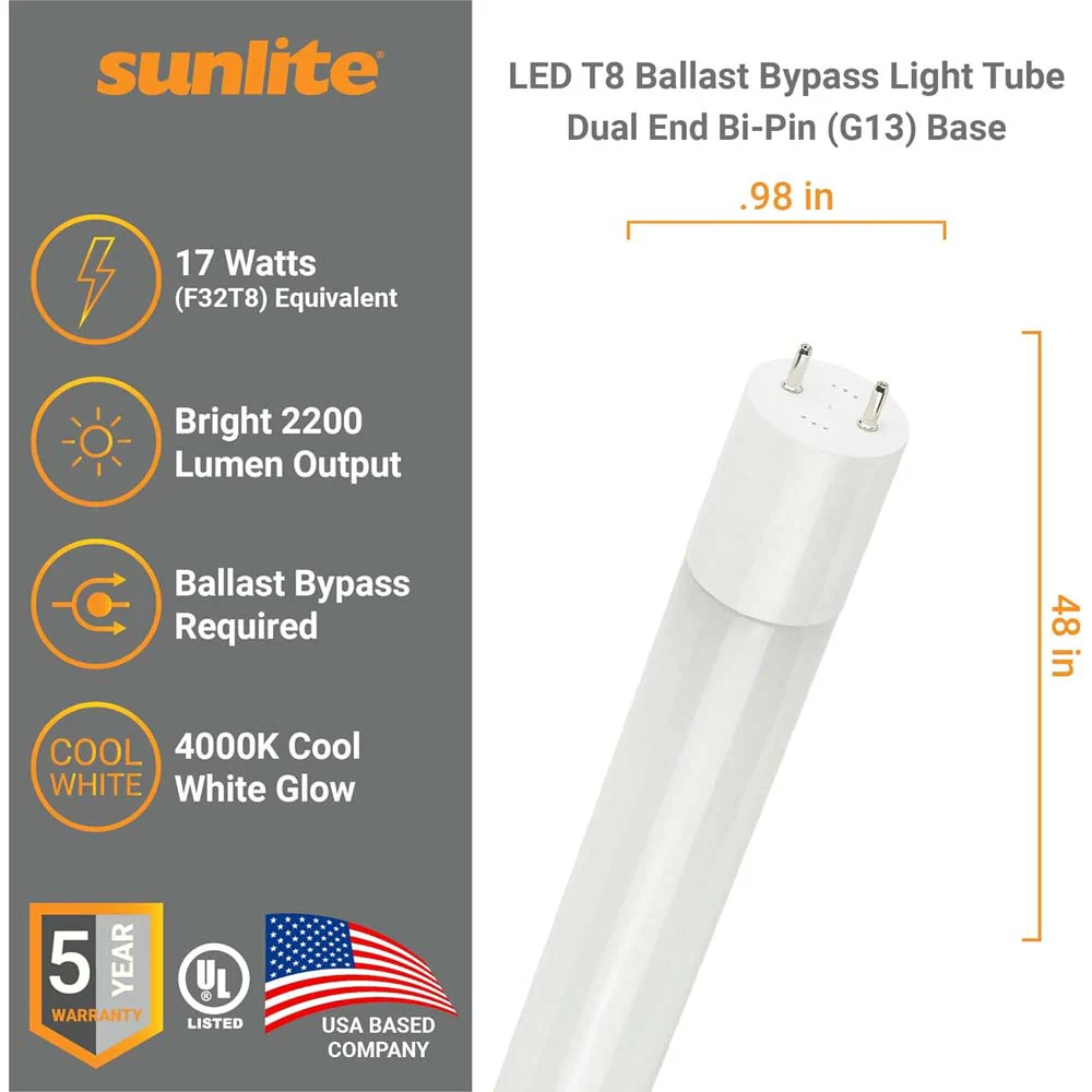 25Pk - Sunlite 17w LED T8 Light Tube 48-in G13 Base Frosted 4000K Ballast Bypass - Image 2