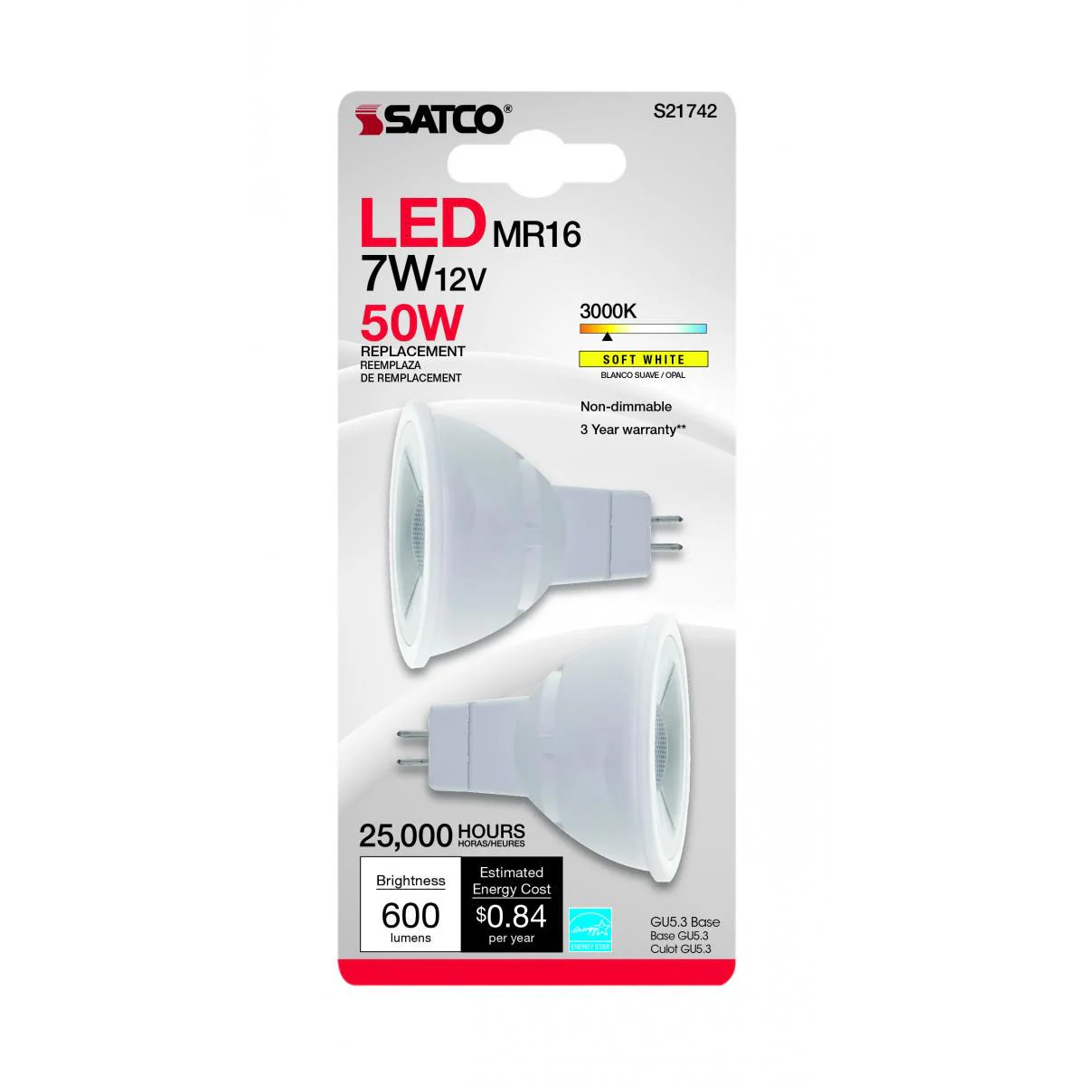 2Pk - Satco 7w MR16 LED 12v GU5.3 base 500Lm 3000k Soft White Bulbs - Image 2