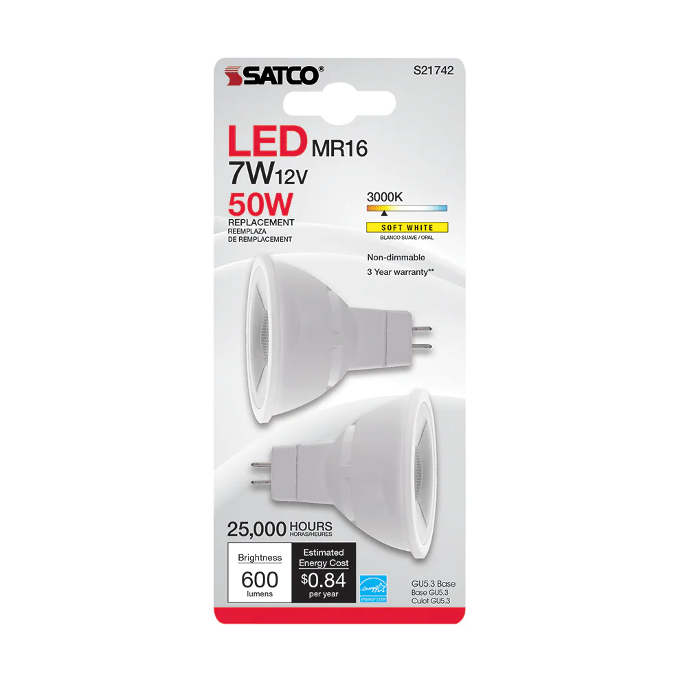 2Pk - Satco 7w MR16 LED 12v GU5.3 base 500Lm 3000k Soft White Bulbs - Image 3