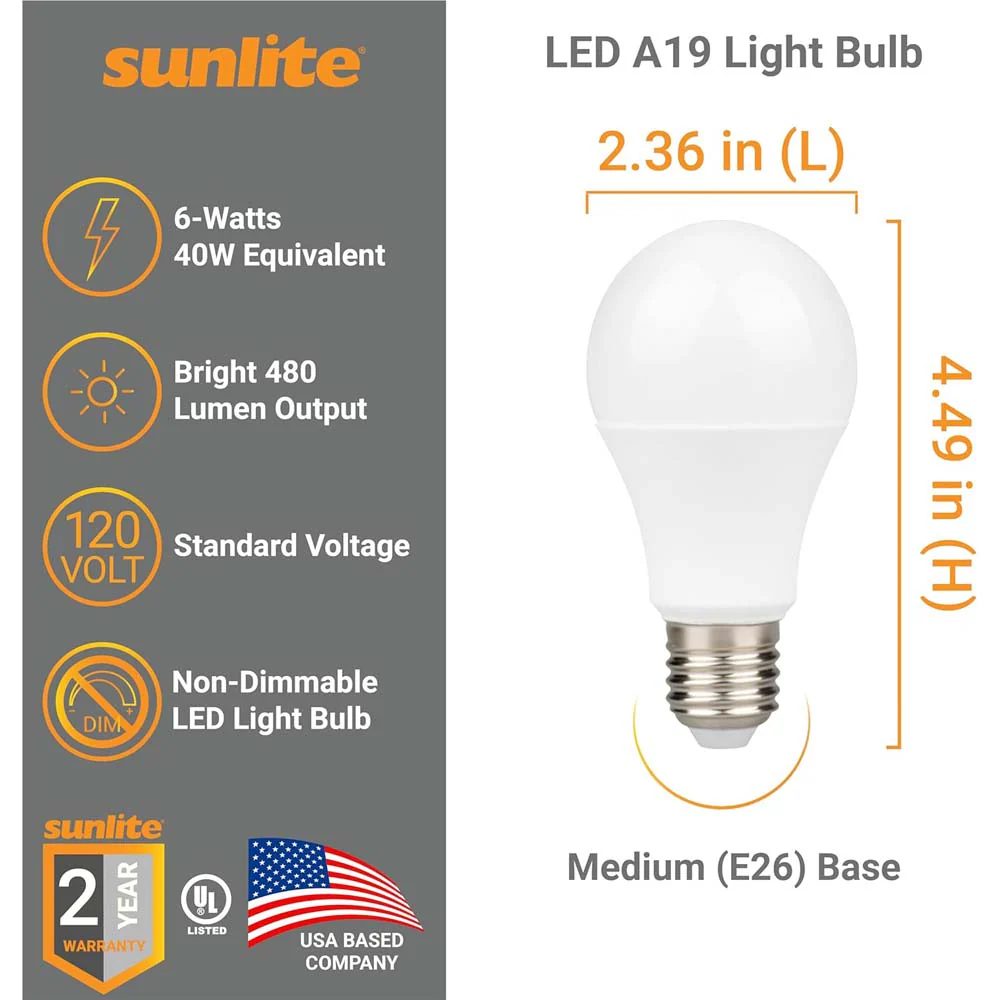 3Pk - Sunlite 6w LED A19 Non-Dimmable 4000K Cool White Bulb - 40w Equiv - Image 2