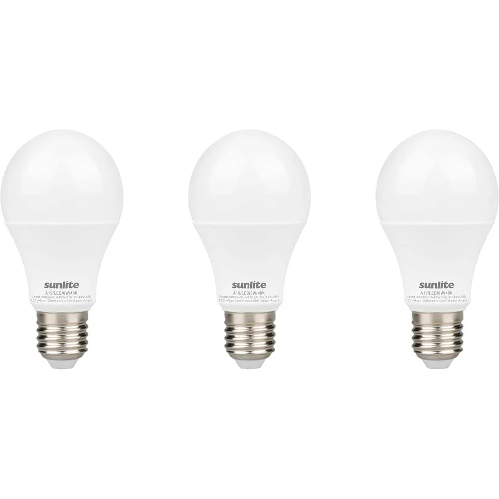3Pk - Sunlite 6w LED A19 Non-Dimmable 5000K Super White Bulb - 40w Equiv
