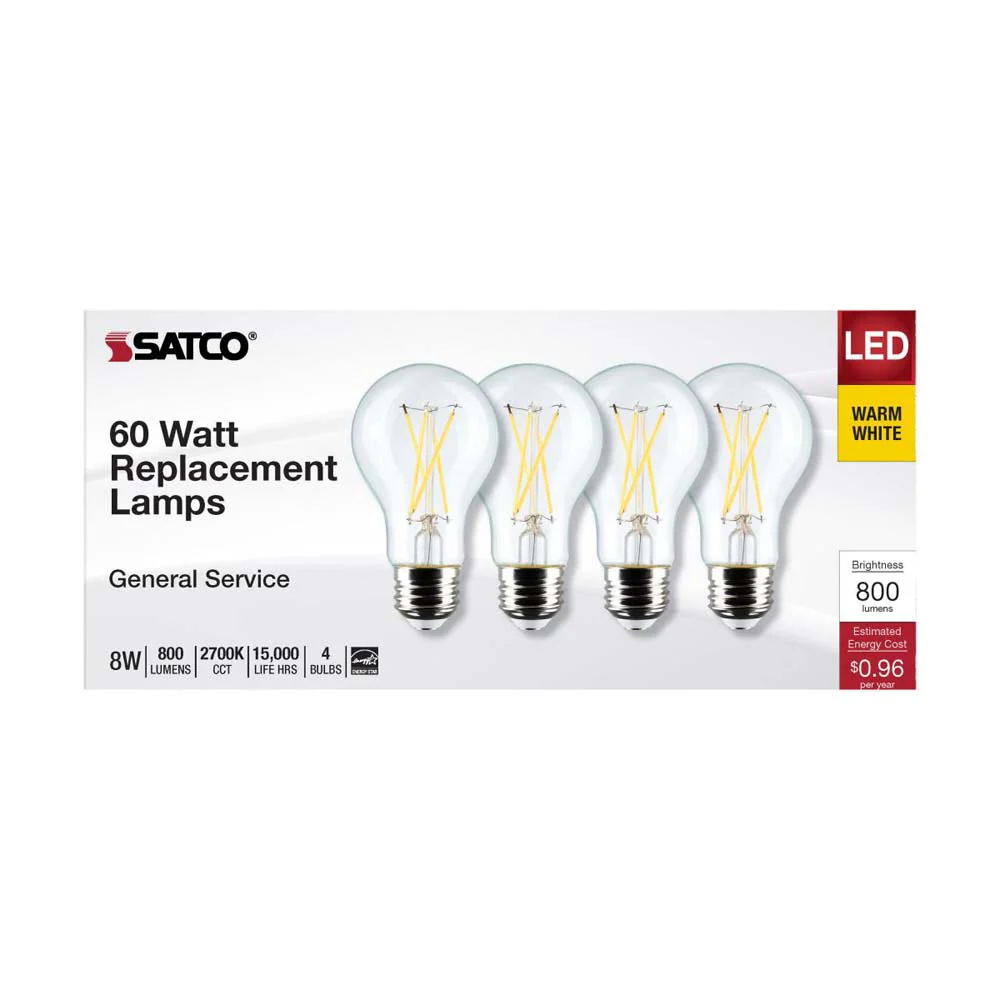 4Pk - 8W A19 LED Clear Warm White 2700K Medium Base 120v - 60W equiv - Image 3