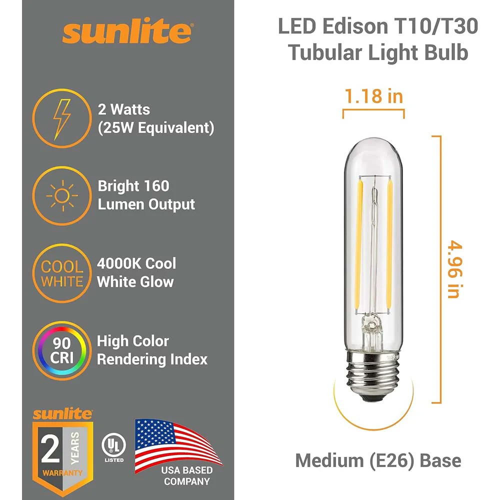 6Pk - Sunlite 2w LED Edison T10/T30 Tubular E26 4000K Bulb - 25W Equiv - Image 2