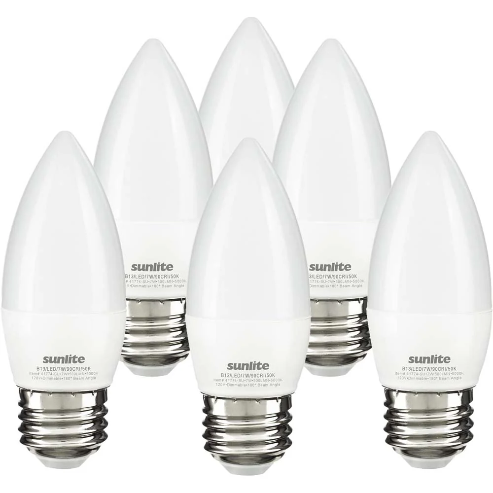 6Pk - Sunlite 7w LED B13 Decorative Chandelier E26 5000K Bulb - 60W Equiv