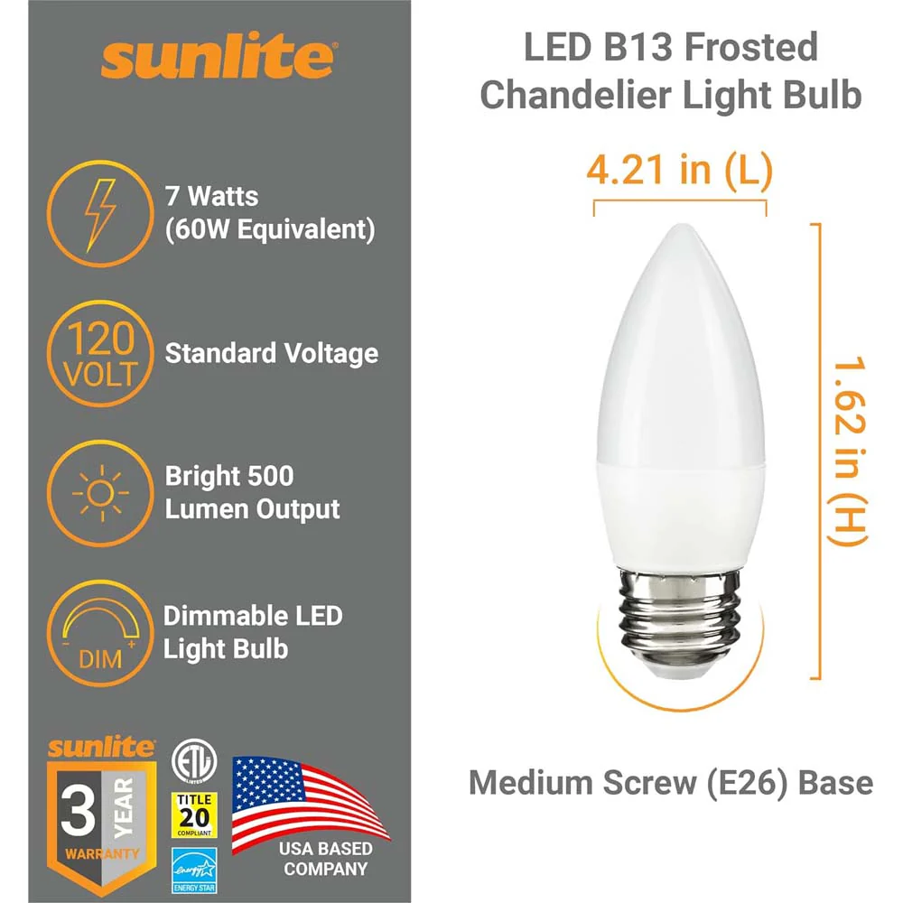6Pk - Sunlite 7w LED B13 Decorative Chandelier E26 5000K Bulb - 60W Equiv - Image 2