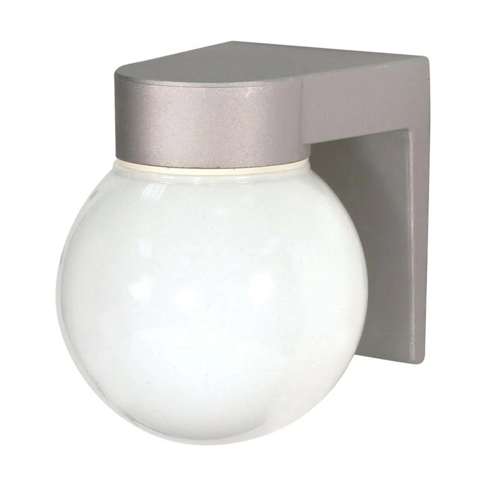 8-in Utility Wall Mount w/ White Glass Globe Satin Aluminum Finish
