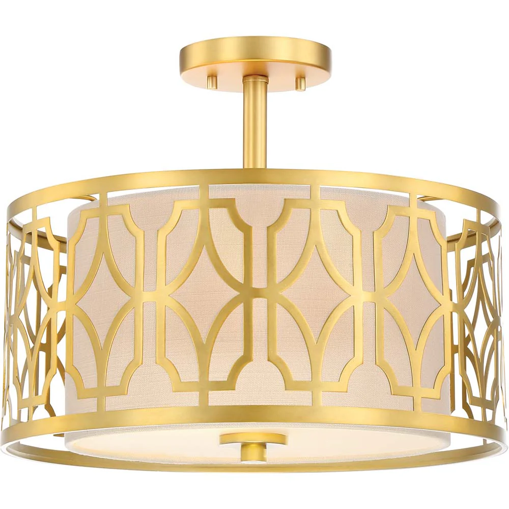 Nuvo Filigree 2-Light Semi Flush Mount w/ Beige Linen Shade in Natural Brass