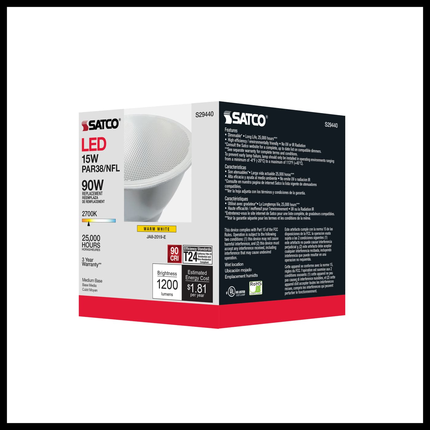 Satco 15w PAR38 LED 25 deg. Beam E26 Medium base 2700k Warm White - Image 6