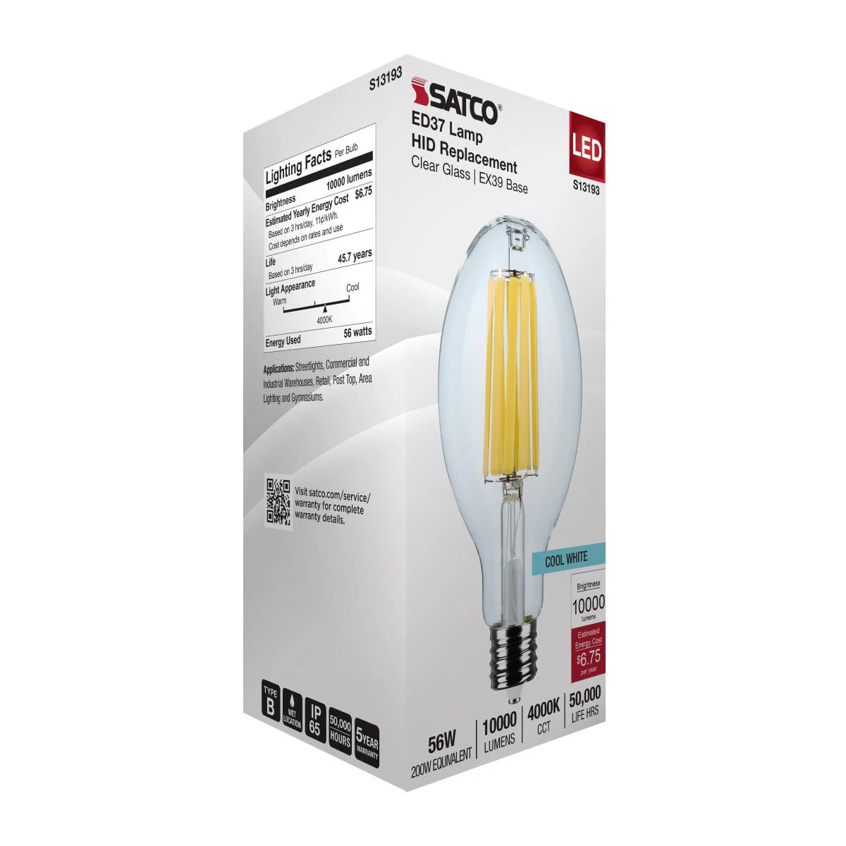 Satco 56w LED HID Replacement ED37 4000K EX39l Base 120-277v Clear Finish Bulb - Image 6