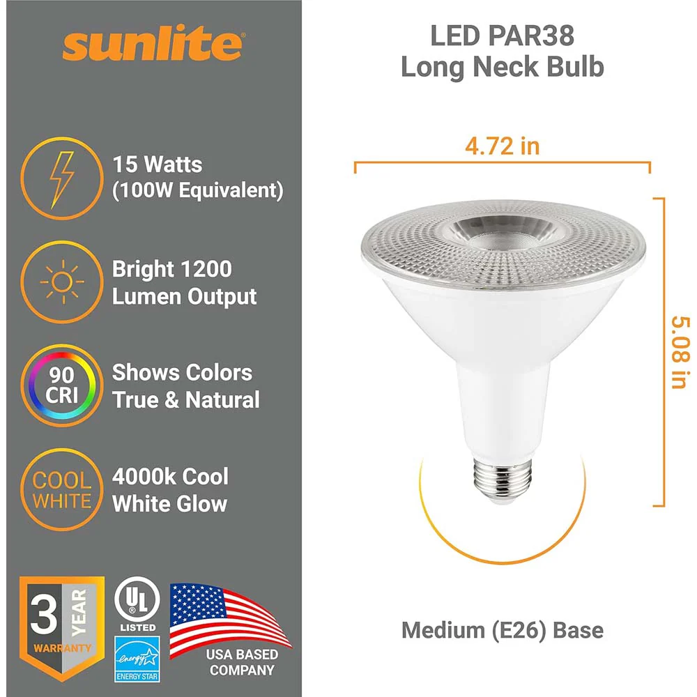Sunlite 15w LED PAR38 Long Neck E26 Dimmable 4000K Spot Bulb - 100W Equiv - Image 2