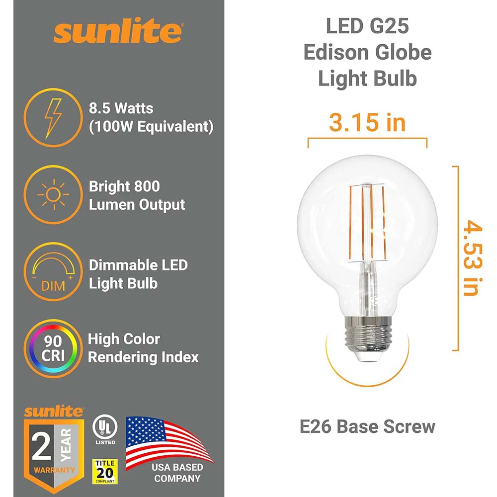 Sunlite 8.5w 120v LED G25 Globe E26 Base Dimmable 2200K Bulb - Warm White - Image 2